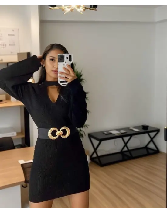 Kadın Uzun Kollu Omuzları Açık Boyundan şerit Detay Kaşkorse Elbise