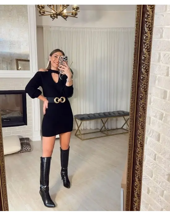 Kadın Uzun Kollu Omuzları Açık Boyundan şerit Detay Kaşkorse Elbise