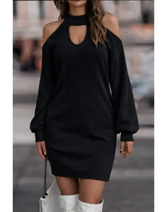 Kadın Uzun Kollu Omuzları Açık Boyundan şerit Detay Kaşkorse Elbise