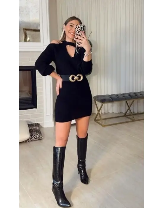 Kadın Uzun Kollu Omuzları Açık Boyundan şerit Detay Kaşkorse Elbise