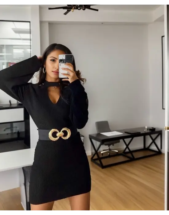 Kadın Uzun Kollu Omuzları Açık Boyundan şerit Detay Kaşkorse Elbise