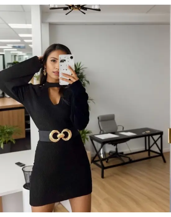 Kadın Uzun Kollu Omuzları Açık Boyundan şerit Detay Kaşkorse Elbise