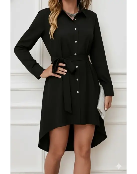Kadın Uzun Kollu ön Kısım Kısım Arka Kısım Uzun Trikoton Gömlek Elbise
