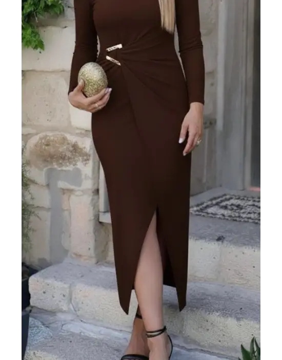 Kadın Uzun Kollu önden çapraz Detaylı Yandan Toka Detaylı Uzun Sandy Elbise