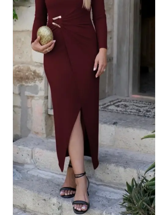 Kadın Uzun Kollu önden çapraz Detaylı Yandan Toka Detaylı Uzun Sandy Elbise