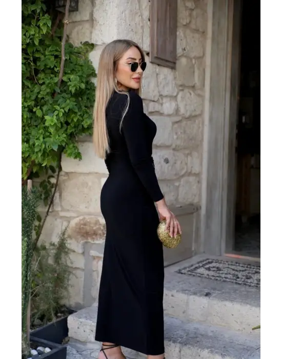 Kadın Uzun Kollu önden çapraz Detaylı Yandan Toka Detaylı Uzun Sandy Elbise