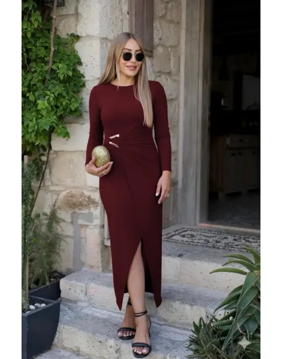 Kadın Uzun Kollu önden çapraz Detaylı Yandan Toka Detaylı Uzun Sandy Elbise