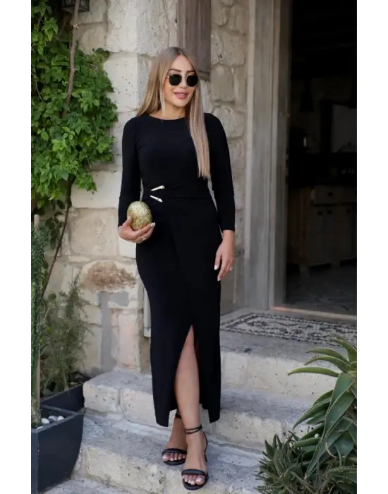 Kadın Uzun Kollu önden çapraz Detaylı Yandan Toka Detaylı Uzun Sandy Elbise