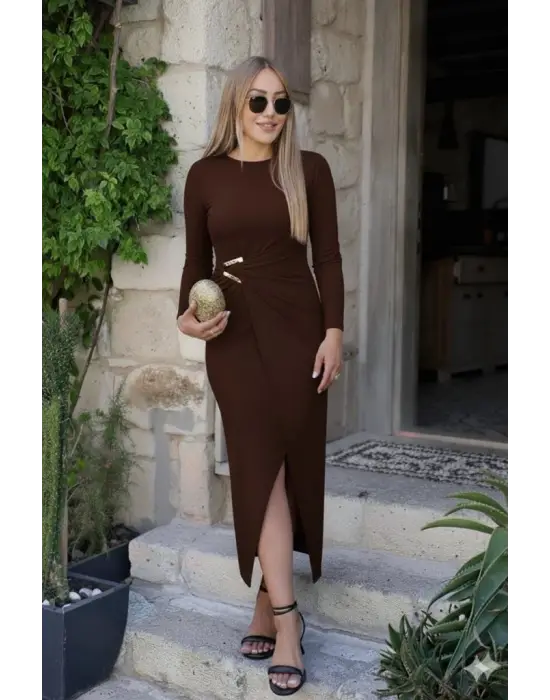 Kadın Uzun Kollu önden çapraz Detaylı Yandan Toka Detaylı Uzun Sandy Elbise