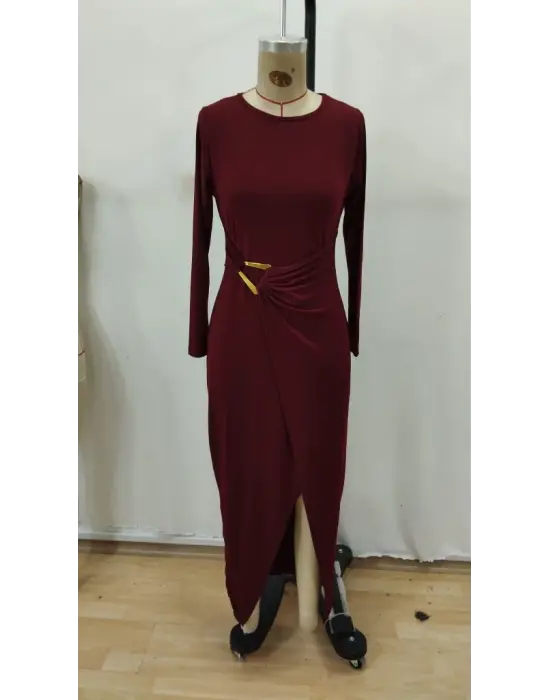 Kadın Uzun Kollu önden çapraz Detaylı Yandan Toka Detaylı Uzun Sandy Elbise