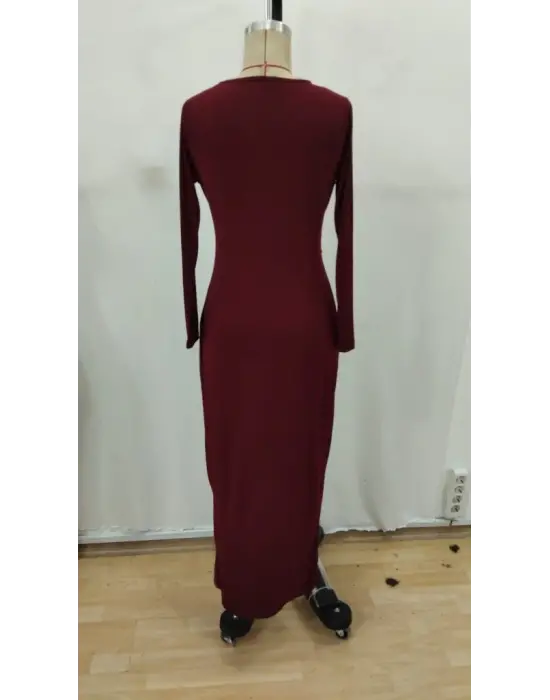 Kadın Uzun Kollu önden çapraz Detaylı Yandan Toka Detaylı Uzun Sandy Elbise