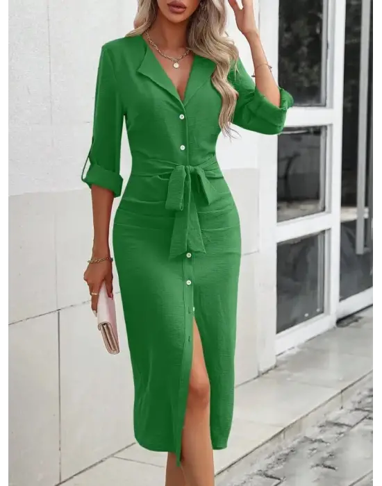 Kadın Uzun Kollu önden Düğmeli Beli Kuşaklı Aerobin Midi Elbise