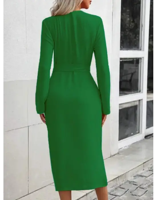 Kadın Uzun Kollu önden Düğmeli Beli Kuşaklı Aerobin Midi Elbise