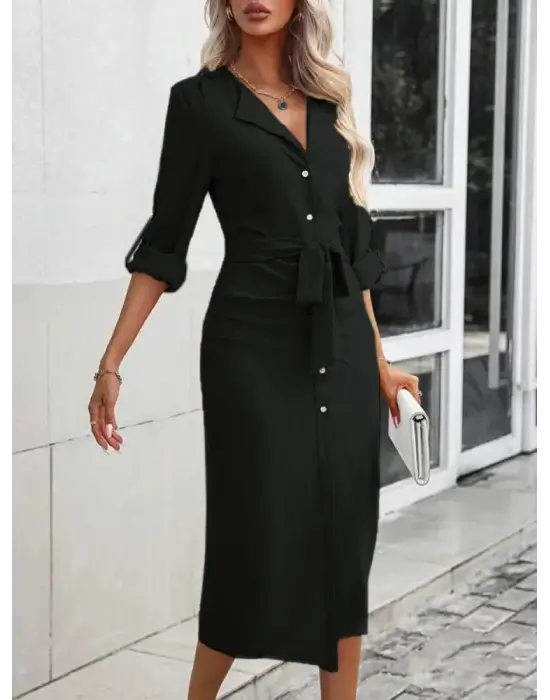 Kadın Uzun Kollu önden Düğmeli Beli Kuşaklı Aerobin Midi Elbise