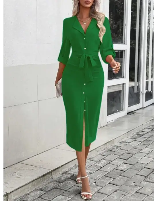 Kadın Uzun Kollu önden Düğmeli Beli Kuşaklı Aerobin Midi Elbise