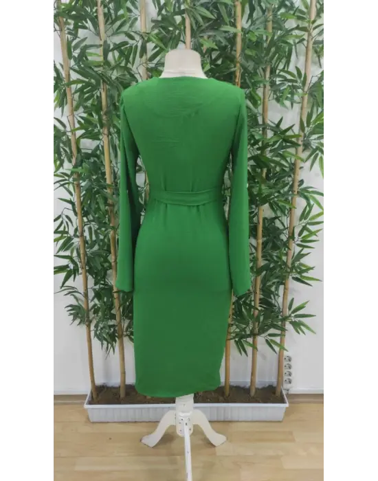 Kadın Uzun Kollu önden Düğmeli Beli Kuşaklı Aerobin Midi Elbise