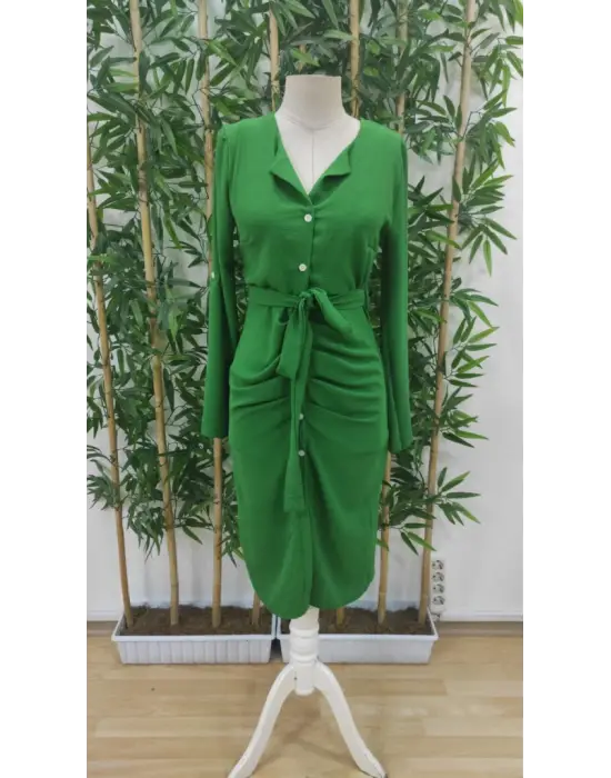 Kadın Uzun Kollu önden Düğmeli Beli Kuşaklı Aerobin Midi Elbise