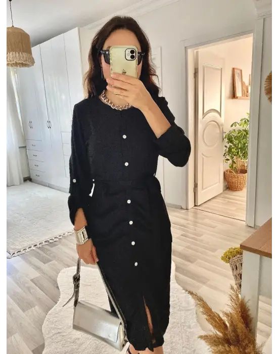 Kadın Uzun Kollu önden Düğmeli Beli Kuşaklı Aerobin Midi Elbise