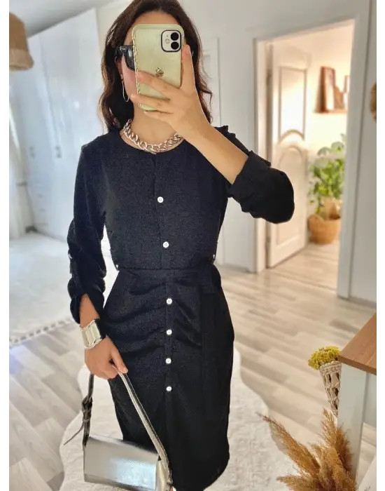 Kadın Uzun Kollu önden Düğmeli Beli Kuşaklı Aerobin Midi Elbise