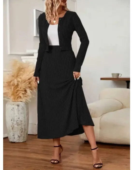 Kadın Uzun Kollu önden Düğmeli Bluz Ve Yüksek Bel A Kesim Uzun Etek şardonlu Kaşkorse Ikili Takım