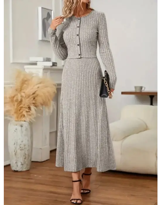 Kadın Uzun Kollu önden Düğmeli Bluz Ve Yüksek Bel A Kesim Uzun Etek şardonlu Kaşkorse Ikili Takım