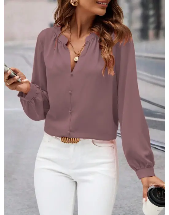 Kadın Uzun Kollu önden Düğmeli Hakim Yaka Ithal Krep Bluz