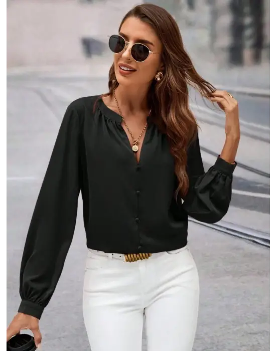 Kadın Uzun Kollu önden Düğmeli Hakim Yaka Ithal Krep Bluz