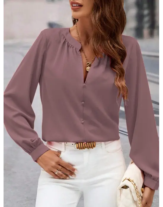 Kadın Uzun Kollu önden Düğmeli Hakim Yaka Ithal Krep Bluz