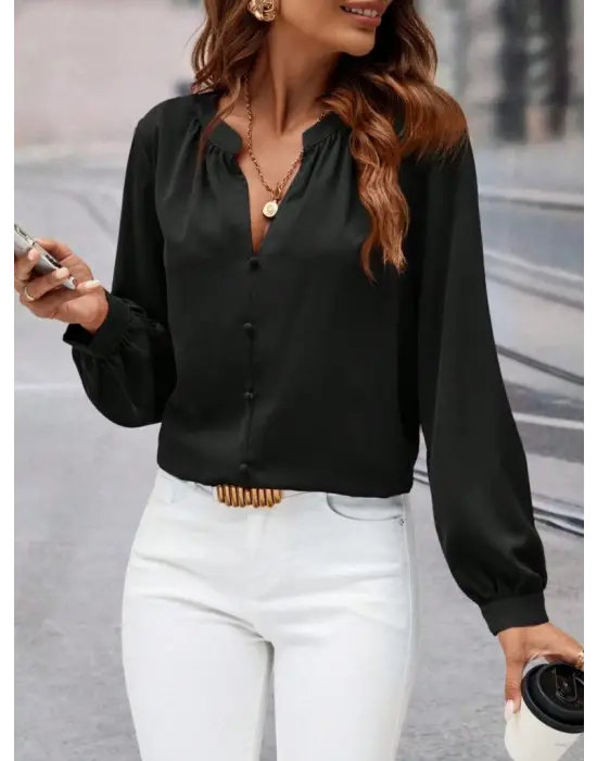 Kadın Uzun Kollu önden Düğmeli Hakim Yaka Ithal Krep Bluz