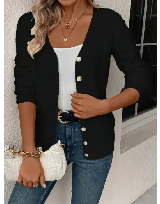 Kadın Uzun Kollu önden Düğmeli Kısa Triko Hırka