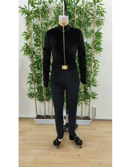 Kadın Uzun Kollu önden Fermuar Detaylı Kemerli Kadife Tulum