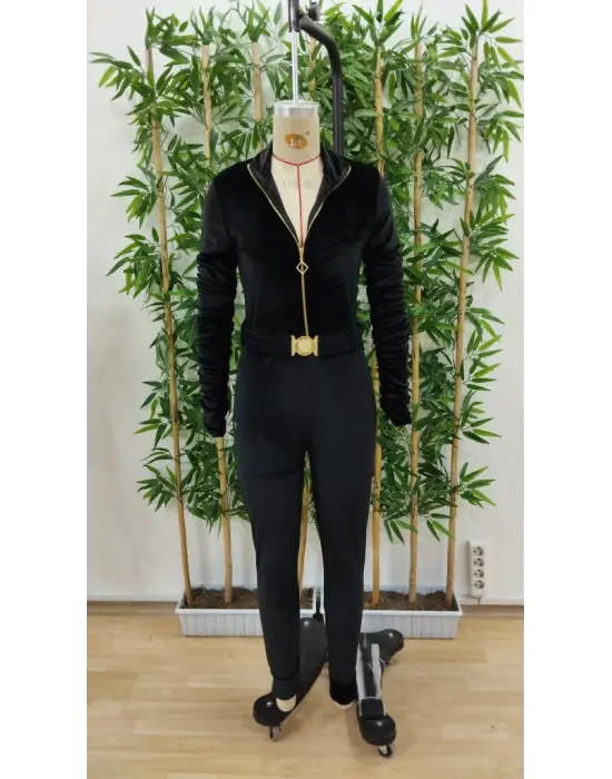 Kadın Uzun Kollu önden Fermuar Detaylı Kemerli Kadife Tulum