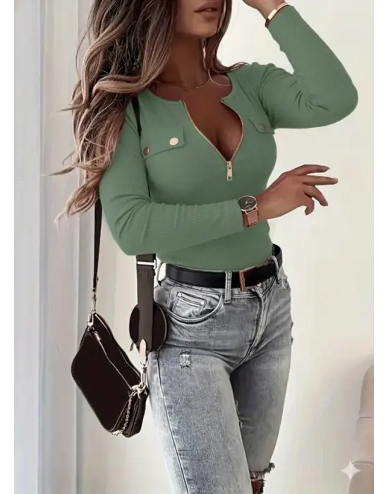 Kadın Uzun Kollu önden Fermuar Ve Cepli Kaşkorse Bluz