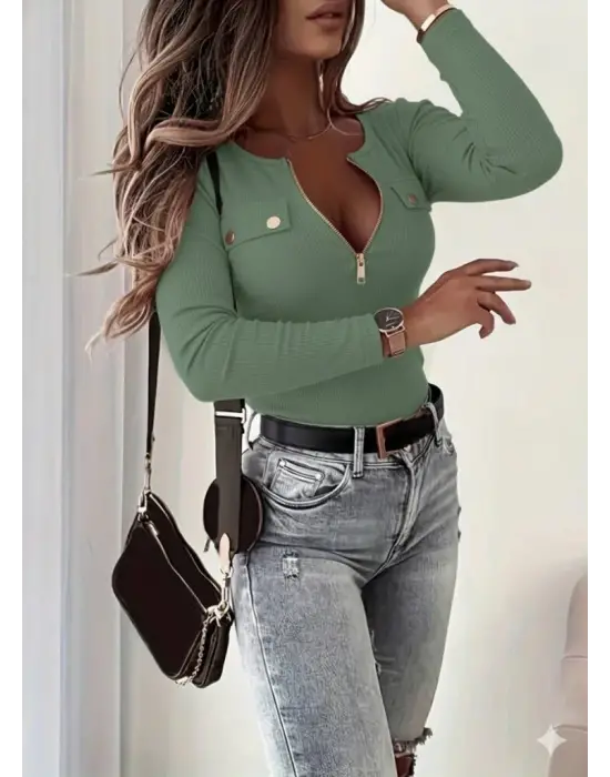 Kadın Uzun Kollu önden Fermuar Ve Cepli Kaşkorse Bluz