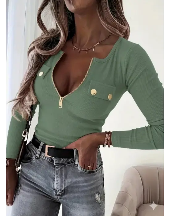 Kadın Uzun Kollu önden Fermuar Ve Cepli Kaşkorse Bluz