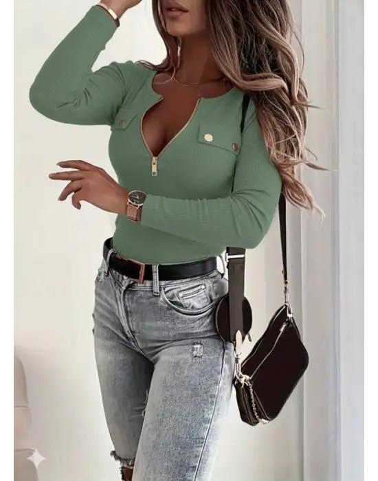 Kadın Uzun Kollu önden Fermuar Ve Cepli Kaşkorse Bluz