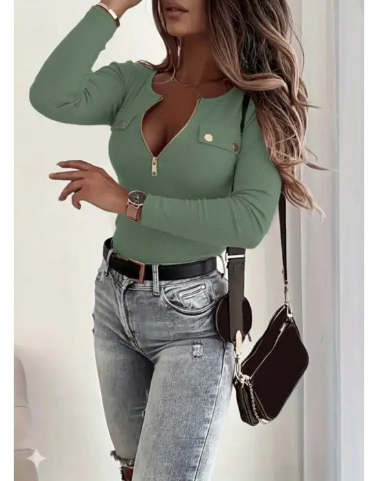 Kadın Uzun Kollu önden Fermuar Ve Cepli Kaşkorse Bluz