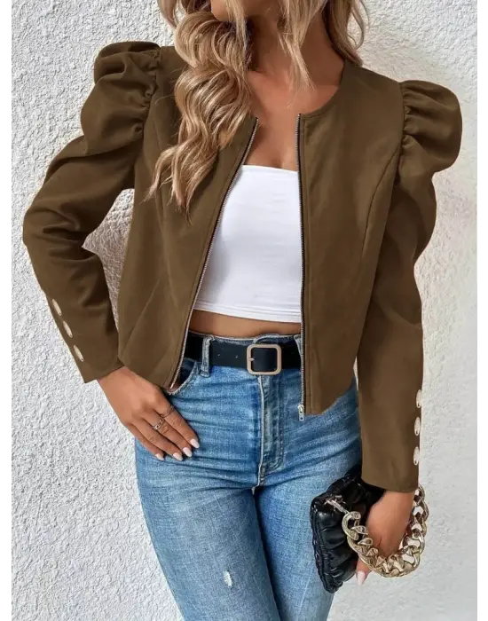Kadın Uzun Kollu önden Fermuarlı Balon Kol Süet Ceket