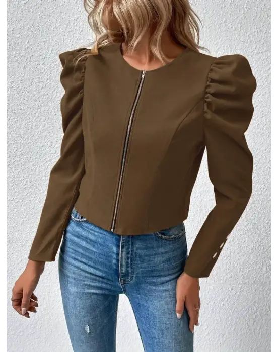 Kadın Uzun Kollu önden Fermuarlı Balon Kol Süet Ceket