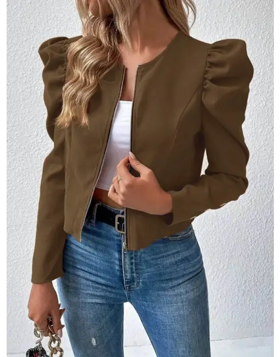 Kadın Uzun Kollu önden Fermuarlı Balon Kol Süet Ceket