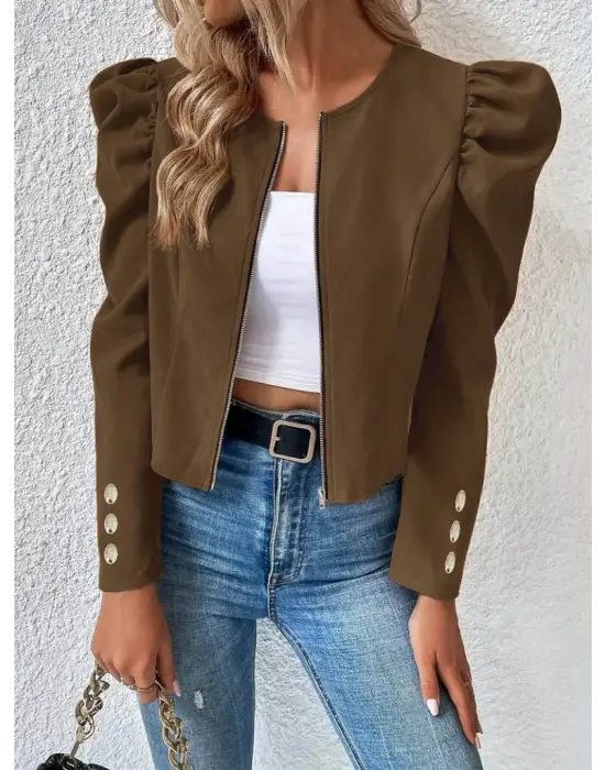 Kadın Uzun Kollu önden Fermuarlı Balon Kol Süet Ceket