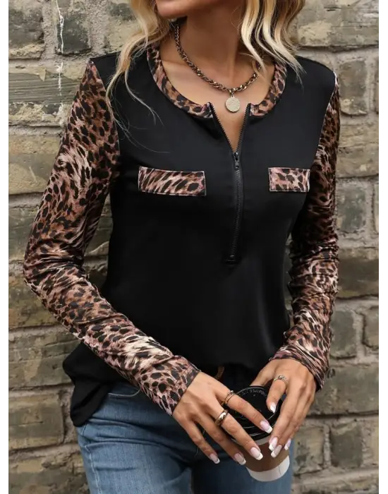 Kadın Uzun Kollu önden Fermuarlı Cepli Leopar Detaylı Viskon