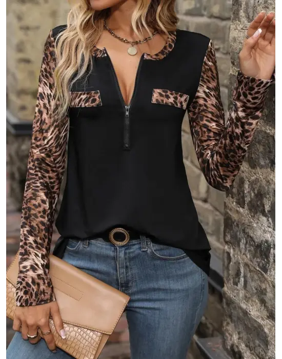 Kadın Uzun Kollu önden Fermuarlı Cepli Leopar Detaylı Viskon