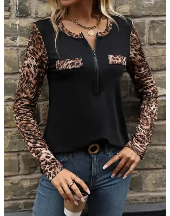 Kadın Uzun Kollu önden Fermuarlı Cepli Leopar Detaylı Viskon