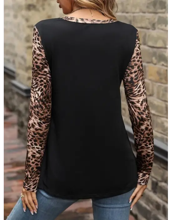 Kadın Uzun Kollu önden Fermuarlı Cepli Leopar Detaylı Viskon