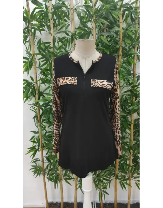 Kadın Uzun Kollu önden Fermuarlı Cepli Leopar Detaylı Viskon