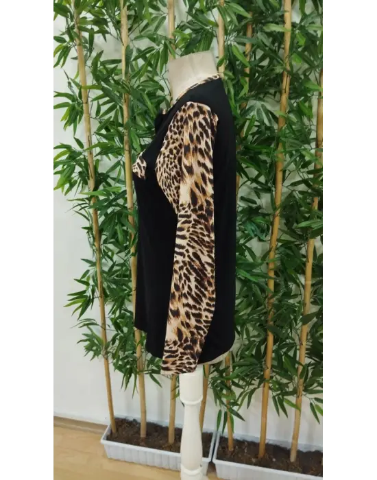 Kadın Uzun Kollu önden Fermuarlı Cepli Leopar Detaylı Viskon