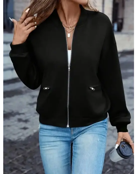 Kadın Uzun Kollu önden Fermuarlı Cepli Modal Ceket