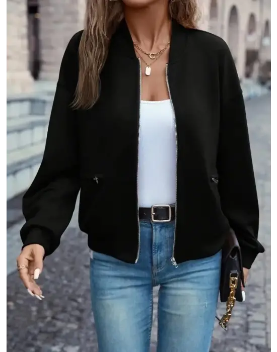 Kadın Uzun Kollu önden Fermuarlı Cepli Modal Ceket