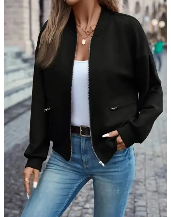 Kadın Uzun Kollu önden Fermuarlı Cepli Modal Ceket